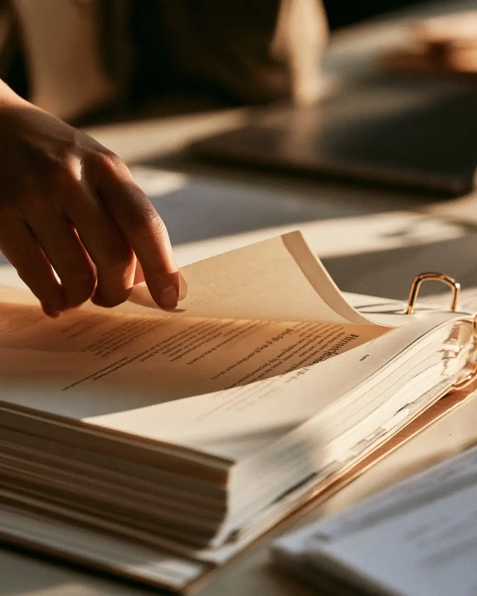 A hand turning the pages of a printed report in a ring binder